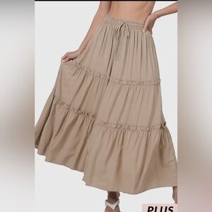 Boho 1X Plus Woven Drawstring Tiered Ruffle Maxi Skirt